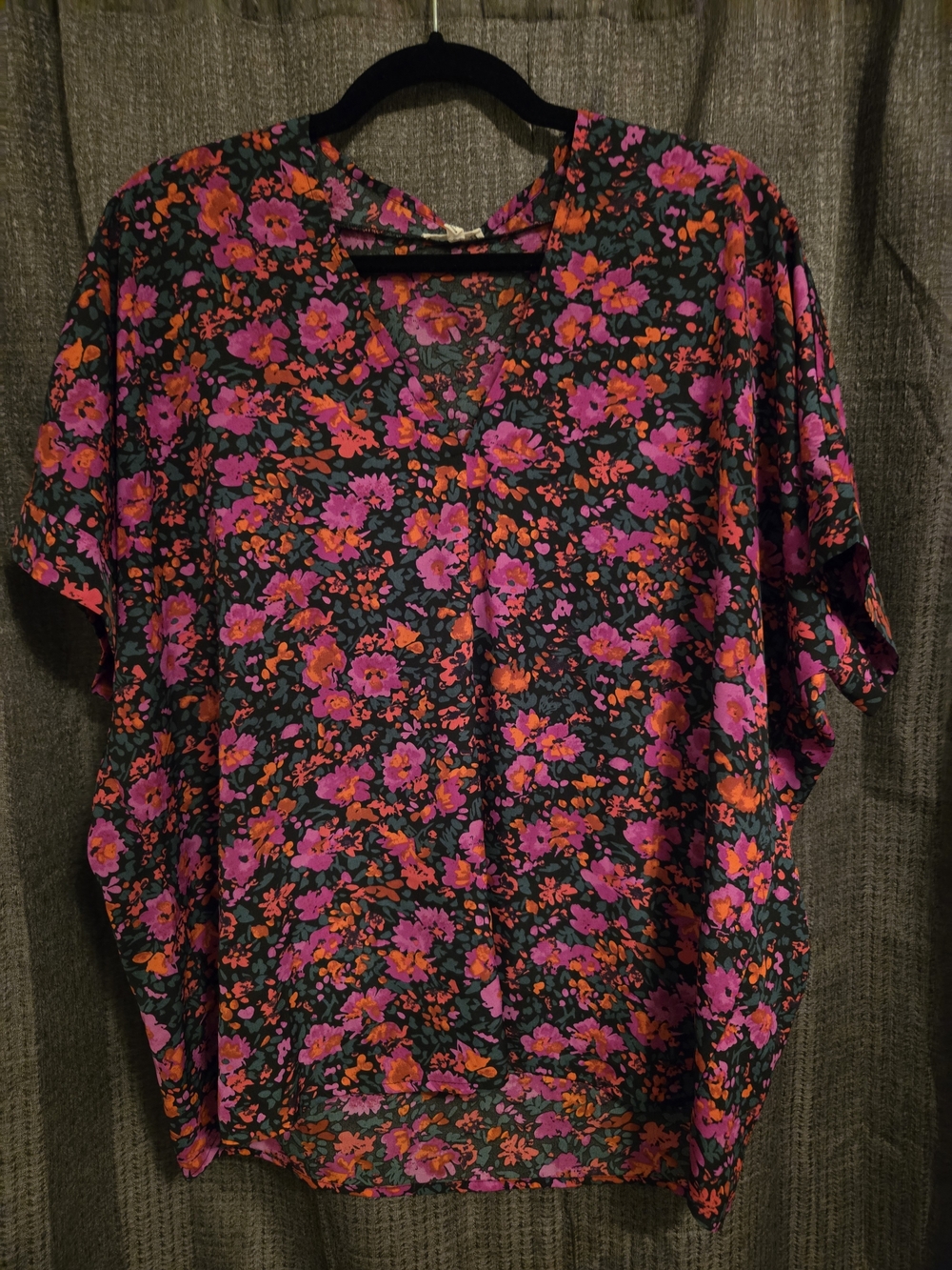 Floral V-Neck Dolman Blouse in Pink & Orange